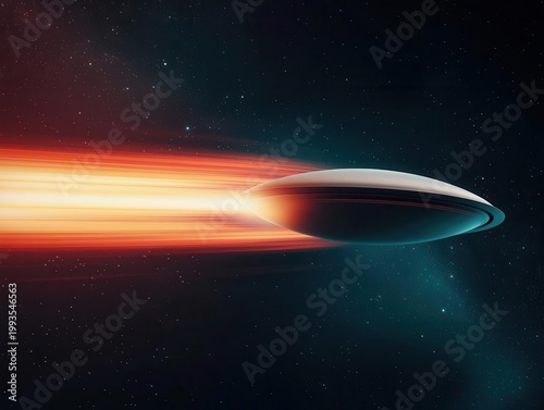 Futuristic spacecraft leaving color trails across galaxy ring, motion blur in cosmos