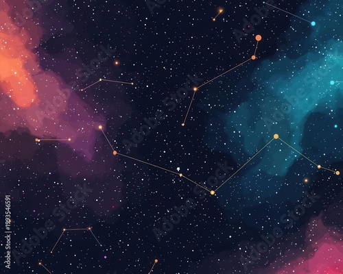 Dark background with glowing outlines of galaxy constellations, minimal vector style