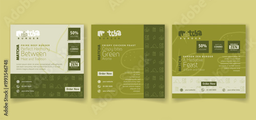 Social media post template in green design for matcha burger food advertising campaign