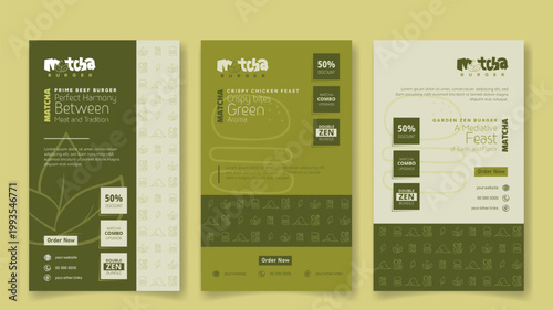 Social media post template for burger food in green matcha design. matcha burger food template