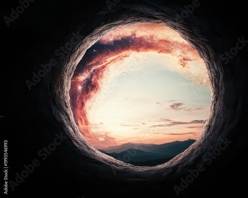 A portal galaxy shaped like a keyhole, conceptual mystery and cosmic exploration