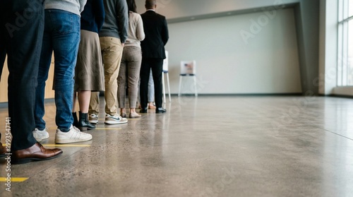 Low angle view of a diverse queue of people waiting in line to vote at a polling station. Citizens participating in democratic elections in a bright modern hall with copy space for text.