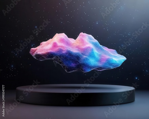 Floating geometric galaxy structure in wireframe, futuristic digital universe concept