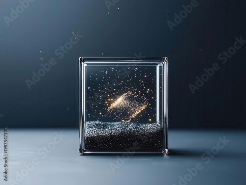 Glass cube suspended in space containing rotating miniature galaxy