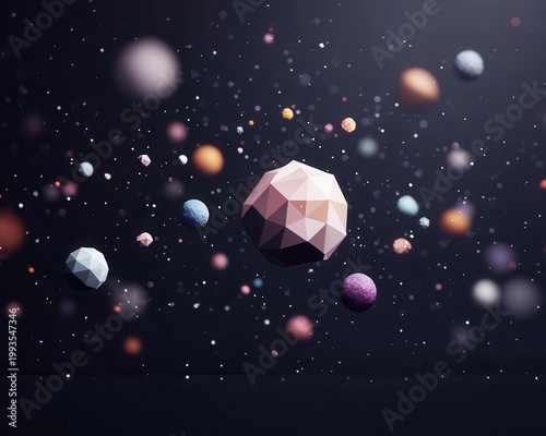 Geometric polygonal galaxy, lowpoly art aesthetic in cosmic setting