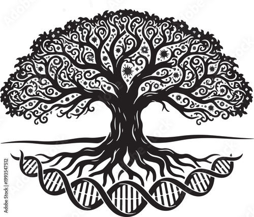 Ancient tree silhouette with roots transforming into DNA double helix