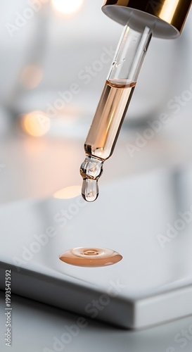 Close up of cosmetic liquid dispensing from glass dropper onto reflective surface
