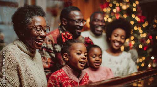 joyful child and playful dog sit in front of beautifully decorated christmas tree