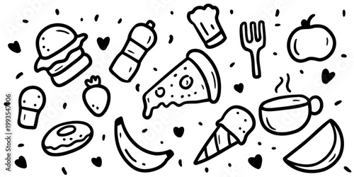 Hand drawn food doodle seamless pattern with fruits, snacks and desserts in playful outline style