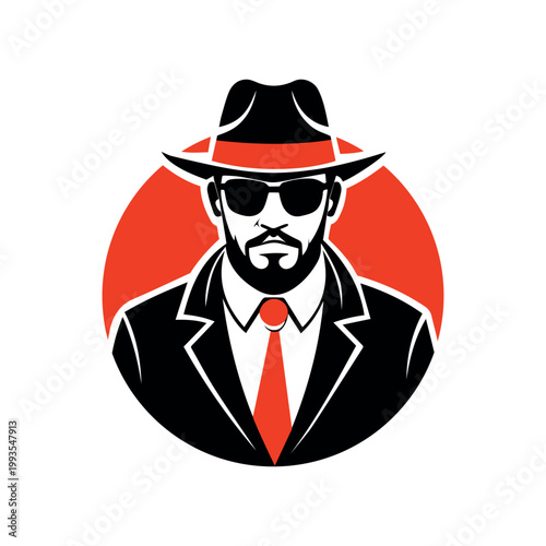 Stylized Spy Detective, Mysterious Secret Agent In Suit, Fedora And Sunglasses