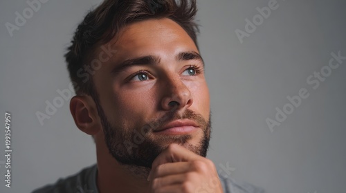 A thoughtful male model contemplating ideas with a reflective and determined expression against a clean neutral background