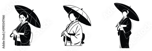 Elegant Japanese Woman in Kimono Holding Traditional Umbrella – Graceful Geisha Style Vector Illustration, Cultural Japanese Art in Minimalist Black and White Design