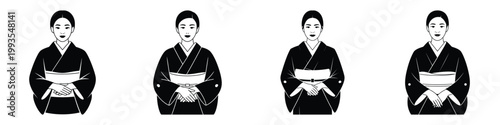 Elegant Japanese Woman in Kimono Standing with Hands Folded – Traditional Cultural Attire Illustration, Graceful Japanese Lady Vector Art in Minimalist Black and White Style