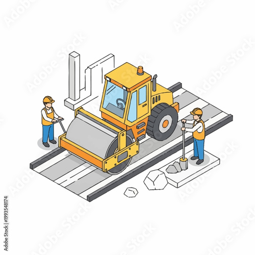 Road roller machine and construction workers building road isometric view.
