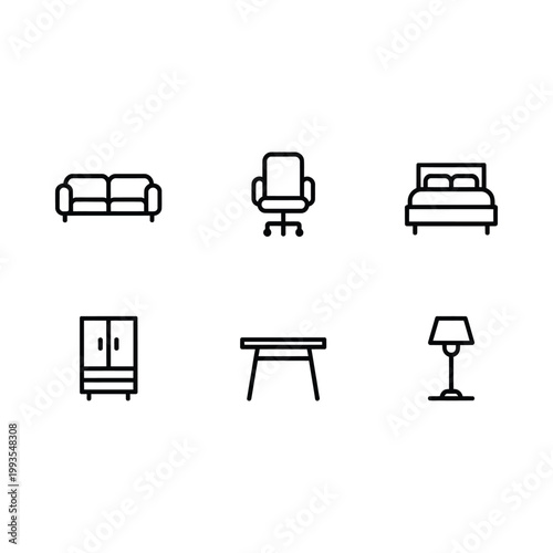 Minimalist icons depicting common household furniture items in a linear style