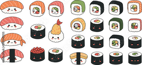 Cute Kawaii Sushi Icon Set with Cartoon Nigiri Maki Rolls and Japanese Food Characters for Fun Design