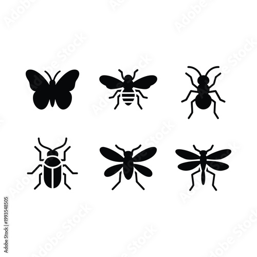 Black silhouettes depict a variety of insects including butterflies bees and beetles