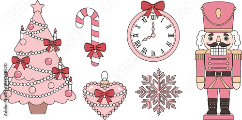 Cute Pink Christmas Icon Set with Tree Candy Cane Clock Nutcracker Snowflake Ornament and Festive Holiday Decorations