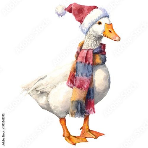 Watercolor goose with Santa hat and striped scarf