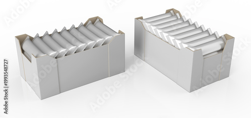 Realistic sachet display boxes mockup on white background. 3d illustration