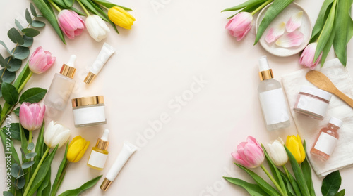 Skincare products arranged with colorful tulips on a light background
