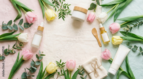 Skincare products arranged with flowers on pastel background for beauty display