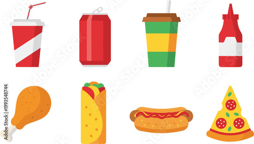 Fast Food Icon Set with Soda Coffee Ketchup Fried Chicken Taco Hot Dog Pizza and Street Food Elements