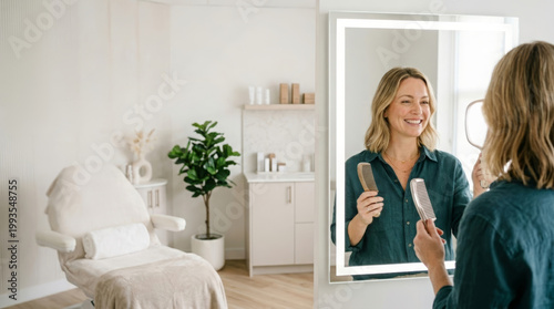Woman grooming hair in mirror inside modern aesthetics wellness studio