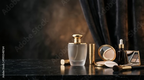 Elegant perfume bottle and cosmetics arranged on dark marble surface