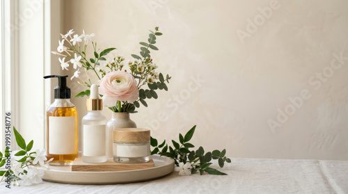 Skincare products displayed on wooden tray with flowers and greenery