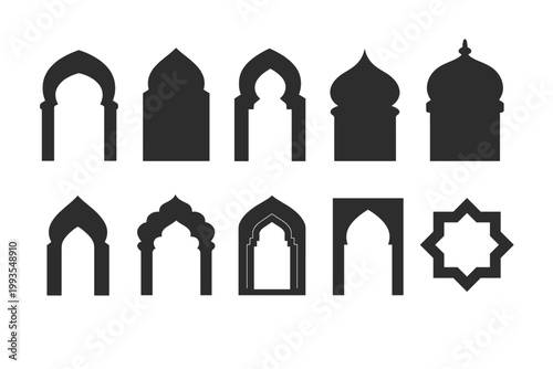 Collection of Islamic Arches and Mosque Window Silhouettes in Traditional Arabic Style. Set of Oriental Door Frames and Arabian Architectural Design Elements for Ramadan, Eid, and Cultural Decor.