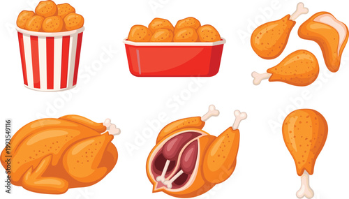Fried Chicken Icon Set with Drumsticks Wings Nuggets Bucket and Crispy Fast Food Meal Illustration Collection