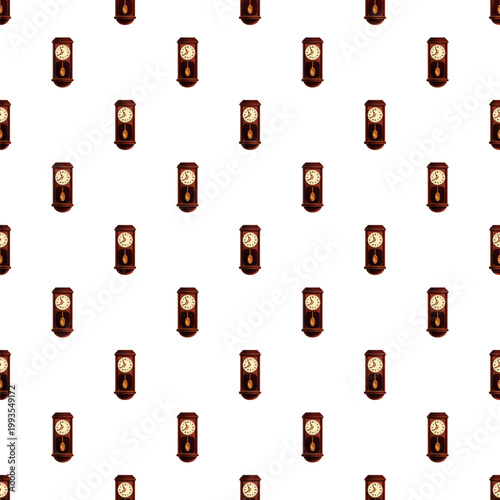 Repeating pattern of antique wooden pendulum wall clocks on a clean white background