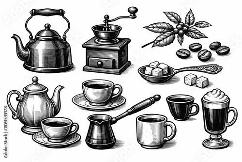 Vintage Engraving Style Coffee and Tea Collection with Kettle, Manual Grinder, Coffee Beans, Sugar Cubes, Teapot, Cups, Saucers, Cezve, and Latte Glass. Retro Woodcut Vector Illustration Set