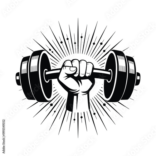 A strong hand firmly grips a barbell with radiating lines symbolizing power and fitness