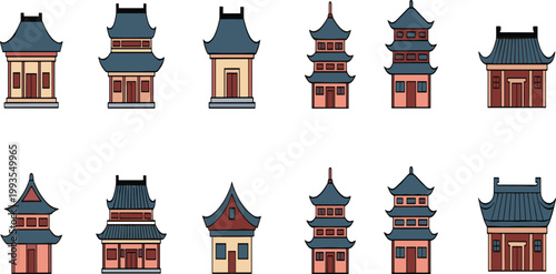 Traditional East Asian Architecture Icon Set Featuring Pagodas, Shrines, and Temple Buildings for Cultural Travel Maps and Heritage Graphic Design Projects