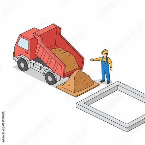 Construction worker directing dump truck unloading sand for foundation.