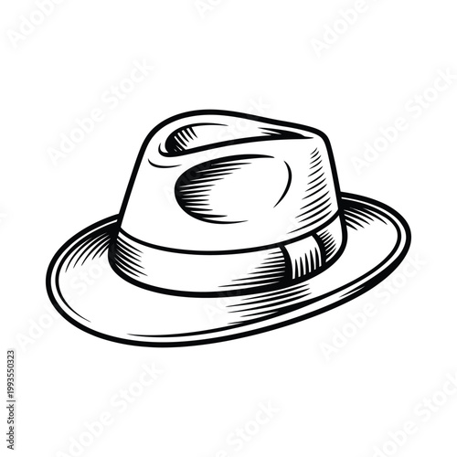 A detailed black and white illustration of a classic fedora hat with a ribbon