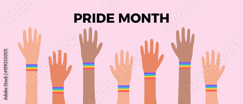 Diverse raised hands with rainbow wristbands under Pride Month text on pastel background. Flat illustration symbolizing LGBTQ+ equality, inclusion, and community support for social campaigns