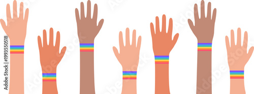 Diverse raised hands with rainbow wristbands on a clean background, symbolizing LGBTQ+ pride, equality and inclusion. Flat illustration ideal for pride month, social campaigns and community design