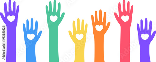 Colorful raised hands with heart shapes in the center, symbolizing unity, diversity and support. Modern flat illustration ideal for pride month, charity, community and social campaigns