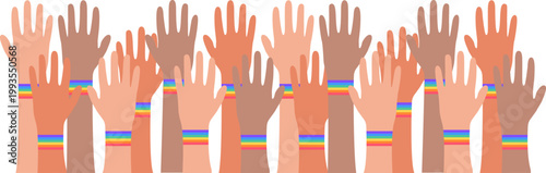 Group of diverse raised hands with rainbow wristbands forming a seamless pattern, symbolizing LGBTQ+ pride, equality and unity. Flat illustration ideal for pride month backgrounds and social campaigns