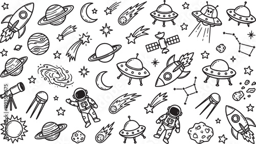 Whimsical black and white hand drawn space doodle pattern with rockets and planets
