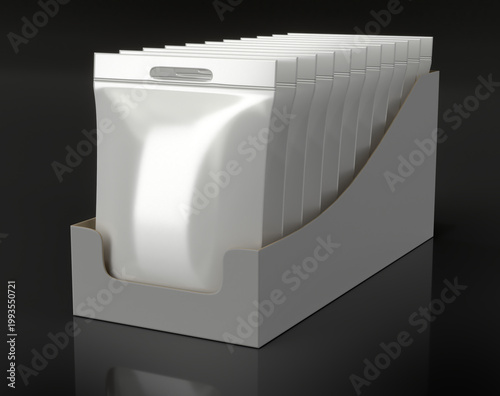 Close-up of pillow pouches with hang slot in white display box. 3d illustration on black glossy background