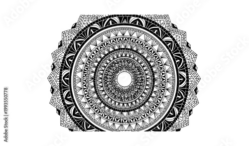 Layered line mosaic mandala pattern with thick and thin tiles black and white vector illustration