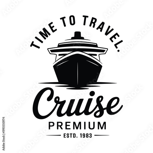 Vintage style illustration featuring a cruise ship and ornate typography
