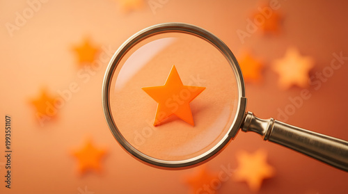 Magnifying glass focusing on orange star award against a blurred background of stars, symbolizing quality and recognition