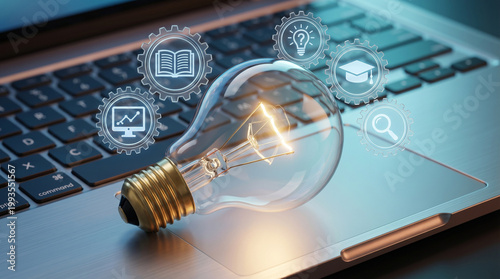 Glowing light bulb on laptop keyboard with digital education icons, symbolizing innovation and ideas