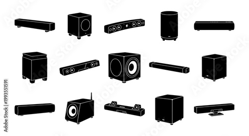 Photos Soundbar and Subwoofer Collection, Audio Equipment Vector Icons, Home Theater Sy