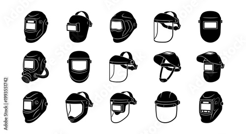 Photos Welding Helmets Collection, Safety Gear Icons, Industrial Protection Equipment,